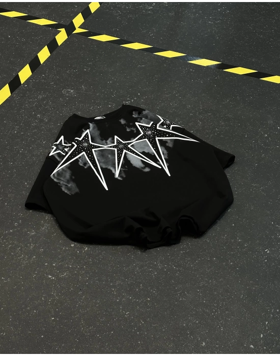 Taş İşleme Star Oversize Unisex Tshirt - Siyah