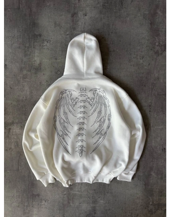 Taşlı Şardonlu Unisex Hırka-Beyaz