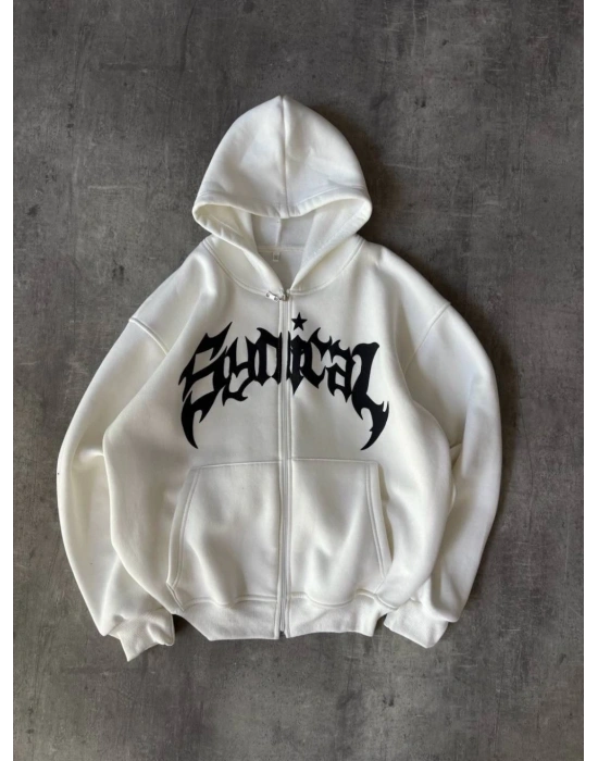 Taşlı Şardonlu Unisex Hırka-Beyaz