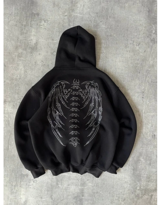 Taşlı Şardonlu Unisex Hırka-Siyah