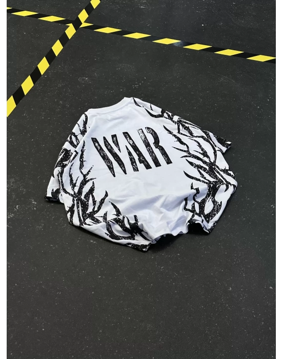War Baskılı Oversize Unisex Tshirt - Beyaz