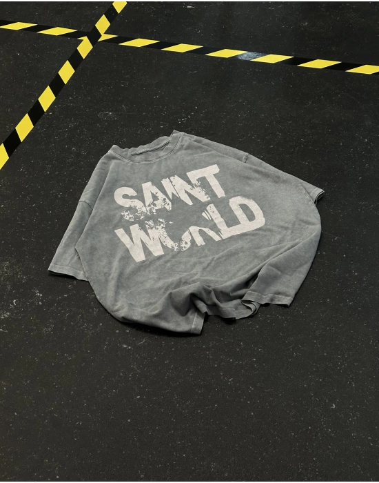 World Sırt Baskılı Unisex Oversize Tshirt - Gri