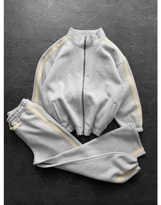 Yan Şeritll Şardonlu Unisex Eşofman Takımı-Gri