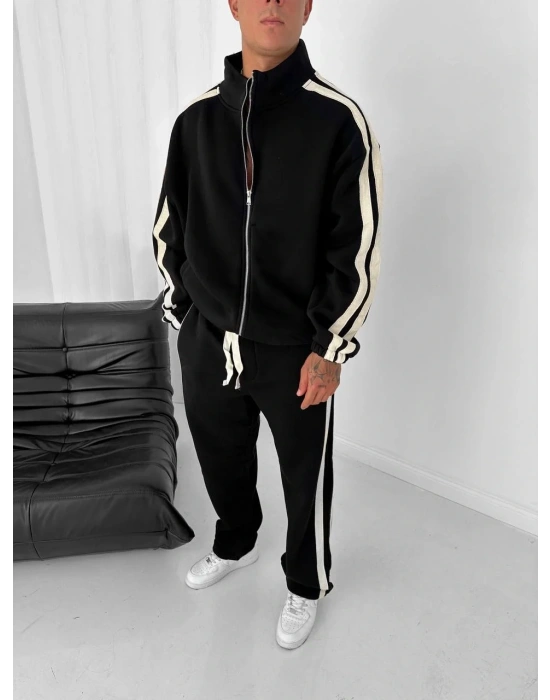 Yan Şeritll Şardonlu Unisex Eşofman Takımı-Siyah