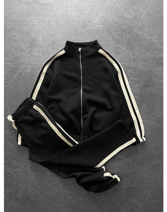 Yan Şeritll Şardonlu Unisex Eşofman Takımı-Siyah