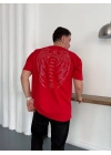 Desenli Taşlı Unisex Tshirt-Kırmızı