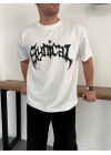 Desenli Taşlı Unisex Tshirt-Beyaz