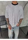 SW Çizgili Oversize Unisex Tişört - Beyaz