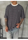 SW Çizgili Oversize Unisex Tişört - Siyah