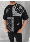 Bandana Ön Baskı Oversize Unisex Tshirt - Siyah