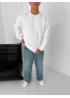 Basic Şardonlu Unisex Sweatshirt-Beyaz