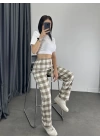 Ekose Desen Unisex Baggy Eşofman - Bej
