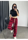 Ekose Desen Unisex Baggy Eşofman - Kırmızı