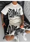 Graffiti Baskılı Unisex Şortlu Takım-Beyaz