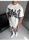 Graffiti Baskılı Unisex Şortlu Takım-Beyaz