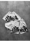 Graffiti Baskılı Unisex Şortlu Takım-Beyaz