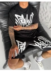 Graffiti Baskılı Unisex Şortlu Takım-Siyah