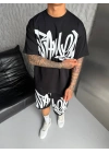 Graffiti Baskılı Unisex Şortlu Takım-Siyah