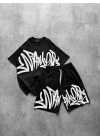 Graffiti Baskılı Unisex Şortlu Takım-Siyah