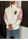 ITL Kol Desenli Unisex Şardonlu Hırka-Beyaz