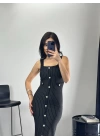 Kare Yaka Düğme Detay Elbise Siyah