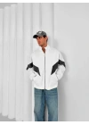 Parçalı Şardonlu Unisex Hırka-Beyaz