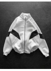 Parçalı Şardonlu Unisex Hırka-Beyaz
