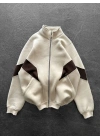 Parçalı Şardonlu Unisex Hırka-Krem