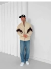 Parçalı Şardonlu Unisex Hırka-Krem