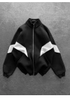 Parçalı Şardonlu Unisex Hırka-Siyah