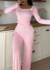 Pembe Dantelli Fiyonk Detaylı Uzun Pamuk Viskon Pijama Takımı