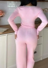 Pembe Dantelli Fiyonk Detaylı Uzun Pamuk Viskon Pijama Takımı