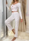 Beyaz Uzun Kollu Pamuklu Kalpli Fiyonklu Pijama Takım