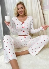 Beyaz Uzun Kollu Pamuklu Kalpli Fiyonklu Pijama Takım
