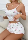 Kadın Süt Beyaz Gül Desenli Şortlu Pijama Takımı