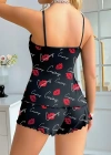 Kadın Siyah Öpücük Desenli Şortlu Pijama Takımı