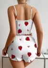 Kadın Ekru Pamuklu Çilek Desenli Şortlu Pijama Takımı