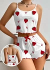 Kadın Ekru Pamuklu Çilek Desenli Şortlu Pijama Takımı