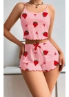 Kadın Pembe Pamuklu Çilek Desenli Şortlu Pijama Takımı