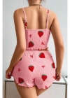 Kadın Pembe Pamuklu Çilek Desenli Şortlu Pijama Takımı