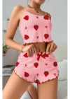 Kadın Pembe Pamuklu Çilek Desenli Şortlu Pijama Takımı