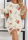 Krem Pamuklu Ayıcık Baskılı Şortlu Pijama Takımı