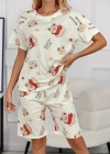 Krem Pamuklu Ayıcık Baskılı Şortlu Pijama Takımı