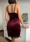 Kadın Bordo Dantelli Kadife Gecelik