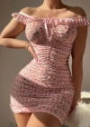 Pembe Çiçek Desenli Büzgülü Mini Elbise