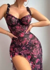 Amour Gül Desenli Yırtmaçlı Gecelik (Tanga Hediyeli)