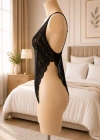Gece Ateşi Özel Bölgesi Açık Siyah Dantelli Bodysuit