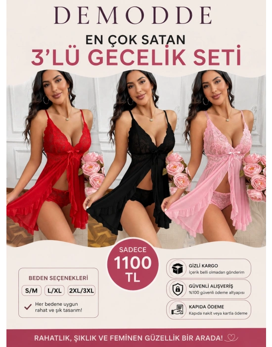 3LÜ DANTEL GECELİK SETİ