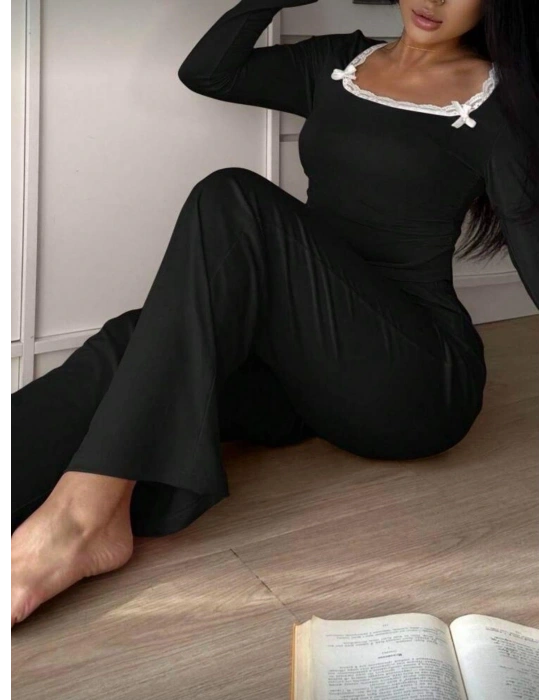 Siyah Dantelli Fiyonk Detaylı Uzun Pamuk Viskon Pijama Takımı