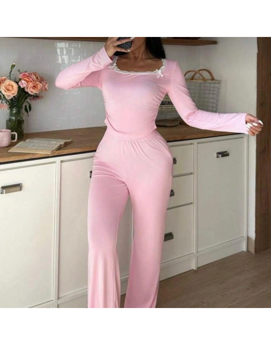 Pembe Dantelli Fiyonk Detaylı Uzun Pamuk Viskon Pijama Takımı